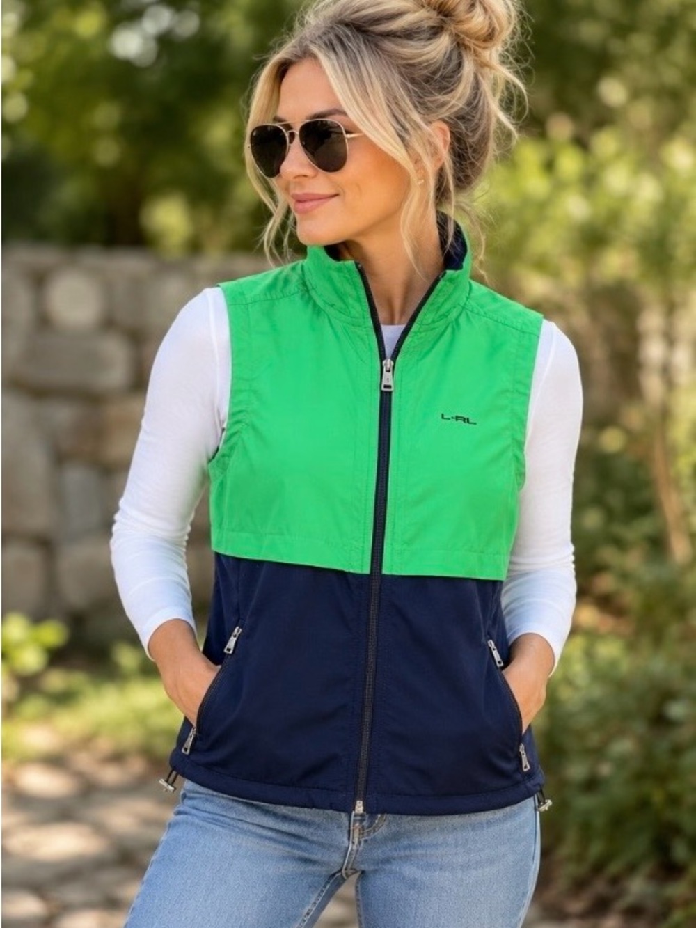 Vintage Lauren Ralph Lauren Active Vest PXS Green Navy Colorblock Gorpcore